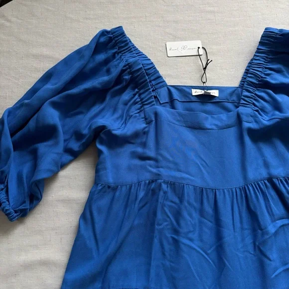 NWT Hunter & Brown Blue Puff Sleeve Mini Dress Small | Rayon Tiered - Picture 3 of 7